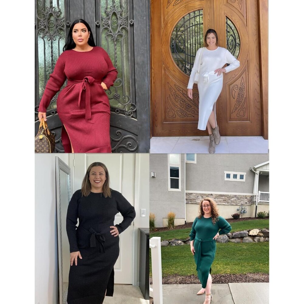Plus Size Womens Ribbed Sweater Dress Long Sleeve Midi with Belt for Fall - Picture 5 of 5